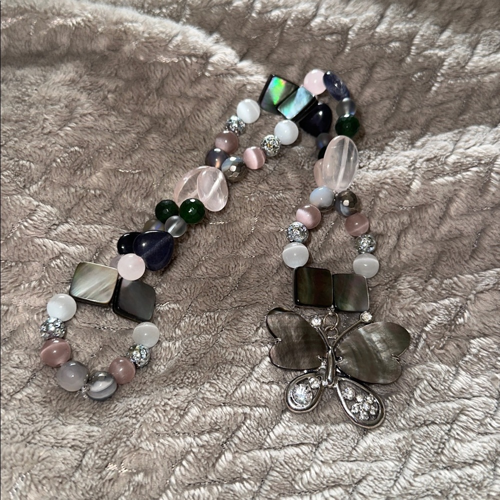 Mystical Mirrors HangCharm (Rose Quartz, Black Iridescent Shell, Canadian Jade) - Picture 3 of 9